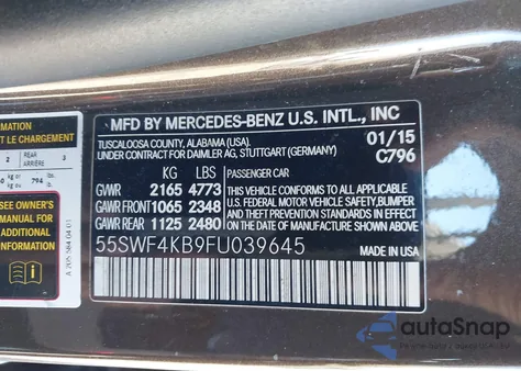 2015 Mercedes-Benz C 300 4Matic из США, поврежденный, VIN 55SWF4KB9FU039645